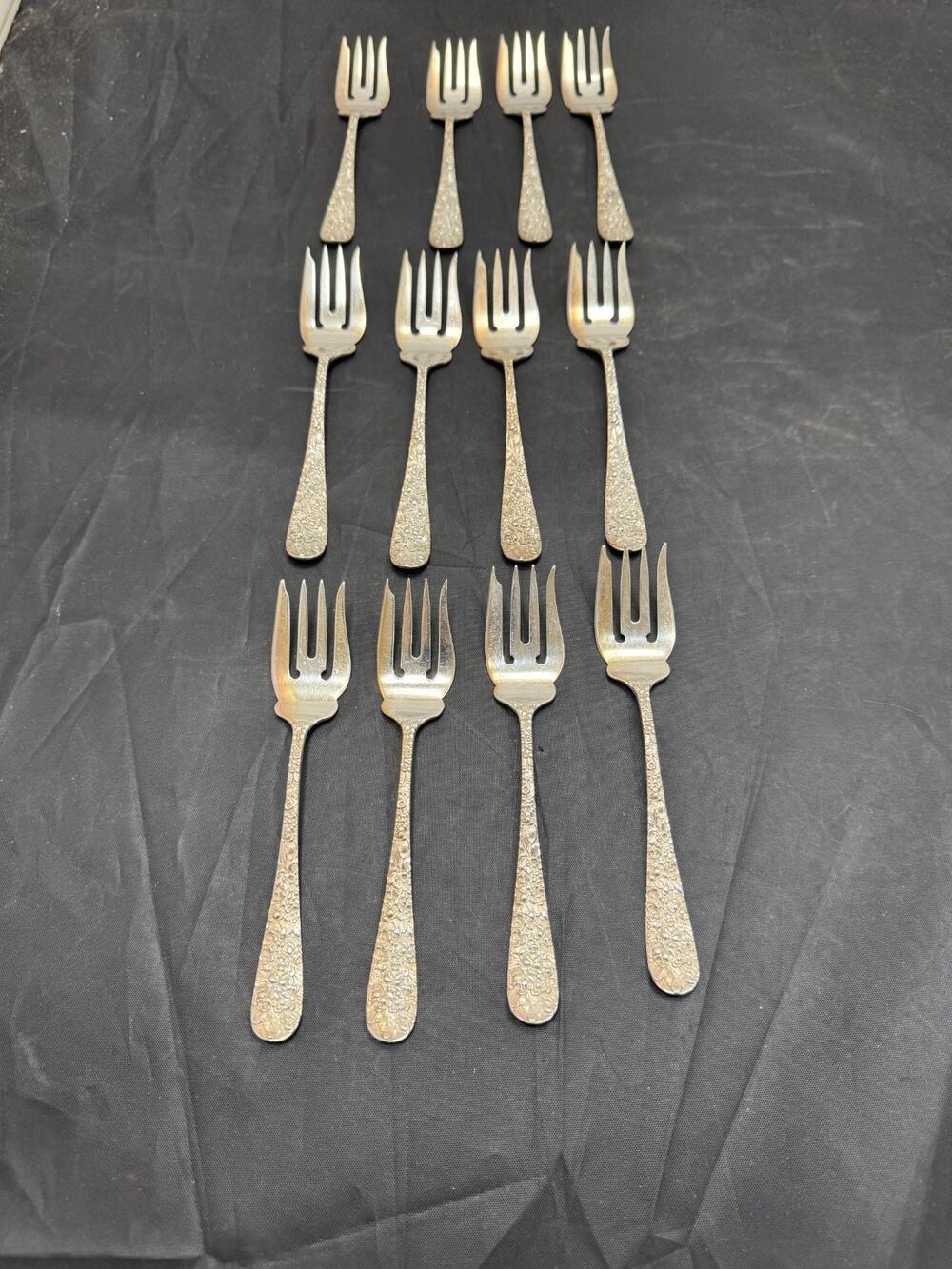 Antique Stieff Rose Sterling Silver 6" Salad Forks Set 12 Repousse Monogrammed